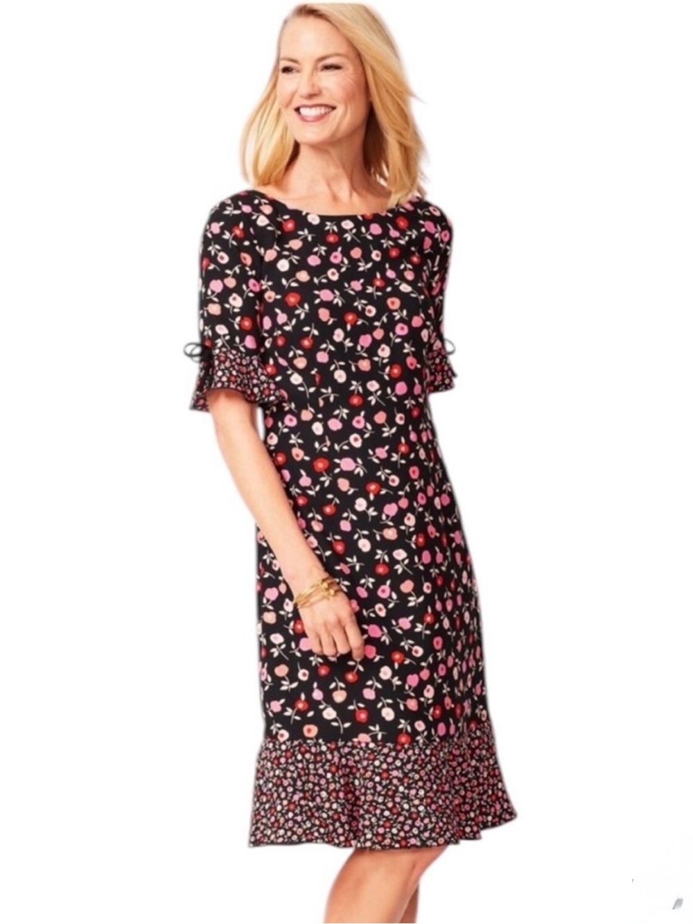 Talbots Poppy Floral Jewel Neck Shift Dress Flounce Hem